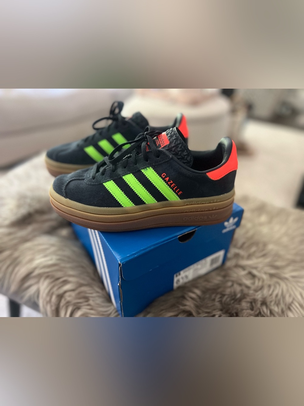 LIKE NEW adidas Gazelle Bold Navy with Neon Green Stripes & Orange Heel Sneakers